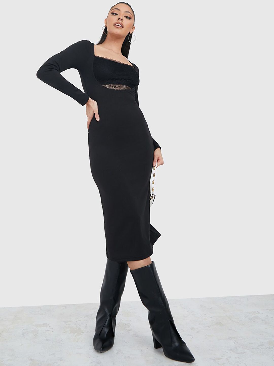 Styli Black Solid Bodycon Dress Price in India