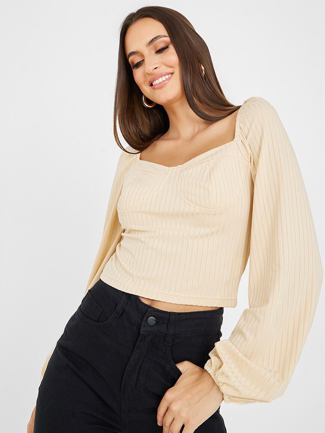 Styli Beige Striped Sweetheart Neck Crop Top Price in India