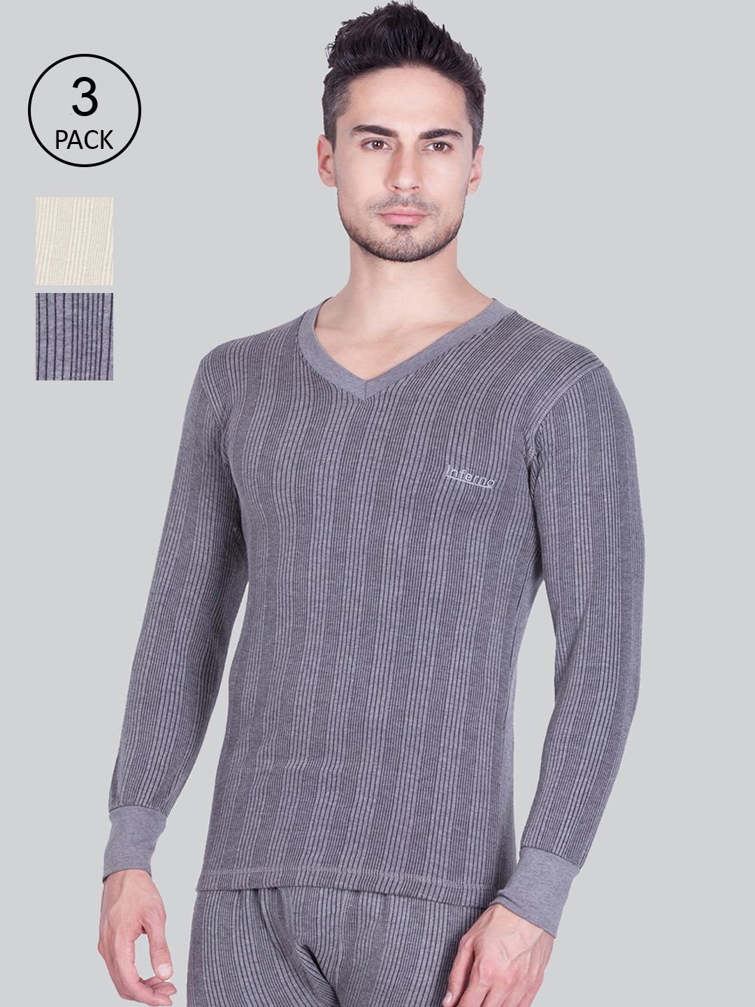 INFERNO Men Pack Of 3 Assorted Striped Thermal Tops Price in India