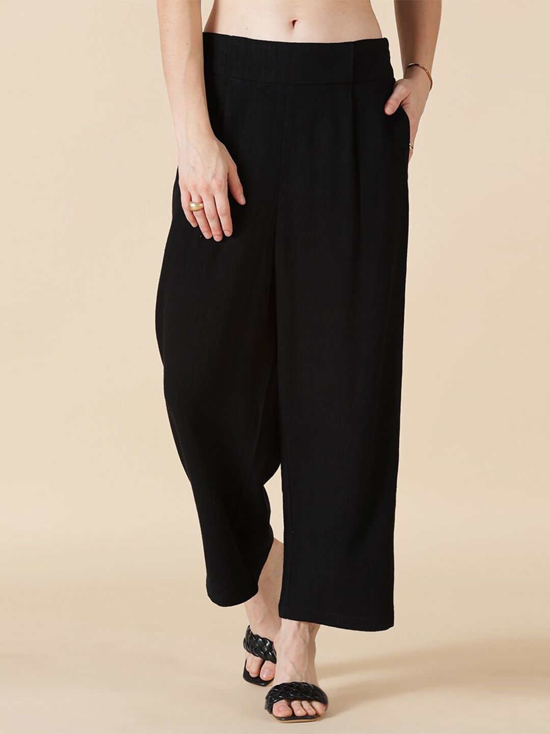 Gipsy Women Black Cotton Straight Fit High-Rise Trousers Price in India