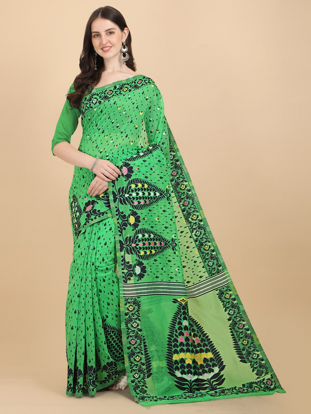 BESUCHER Green & Black Woven Design Jamdani Saree Price in India