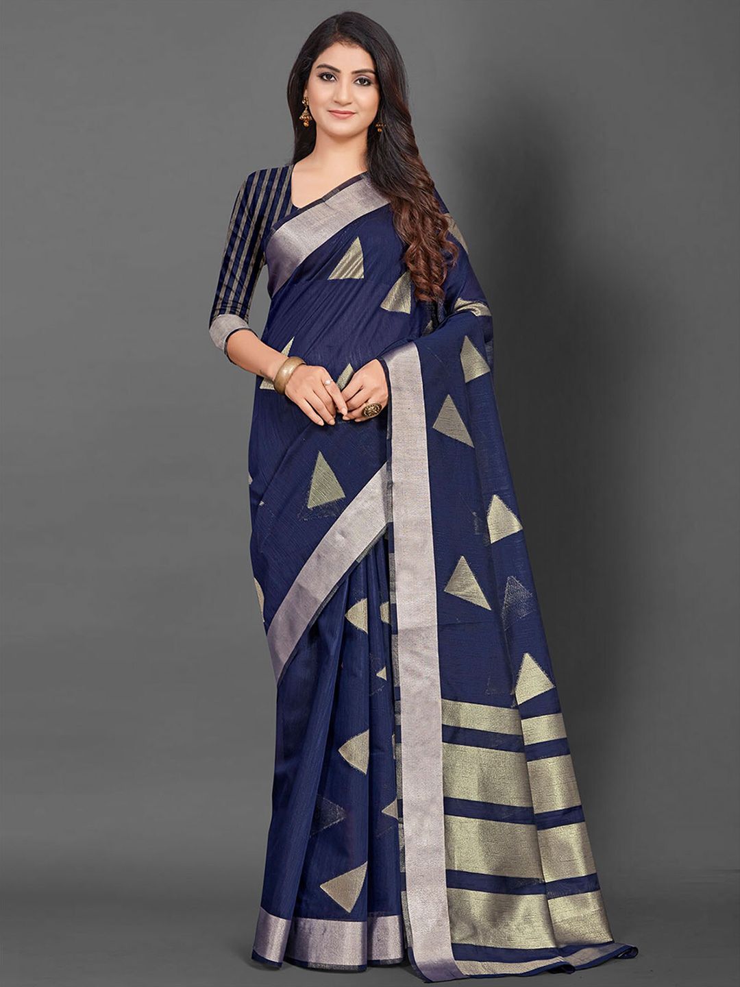 ODETTE Navy Blue & Gold-Toned Woven Design Zari Linen Blend Banarasi Saree Price in India