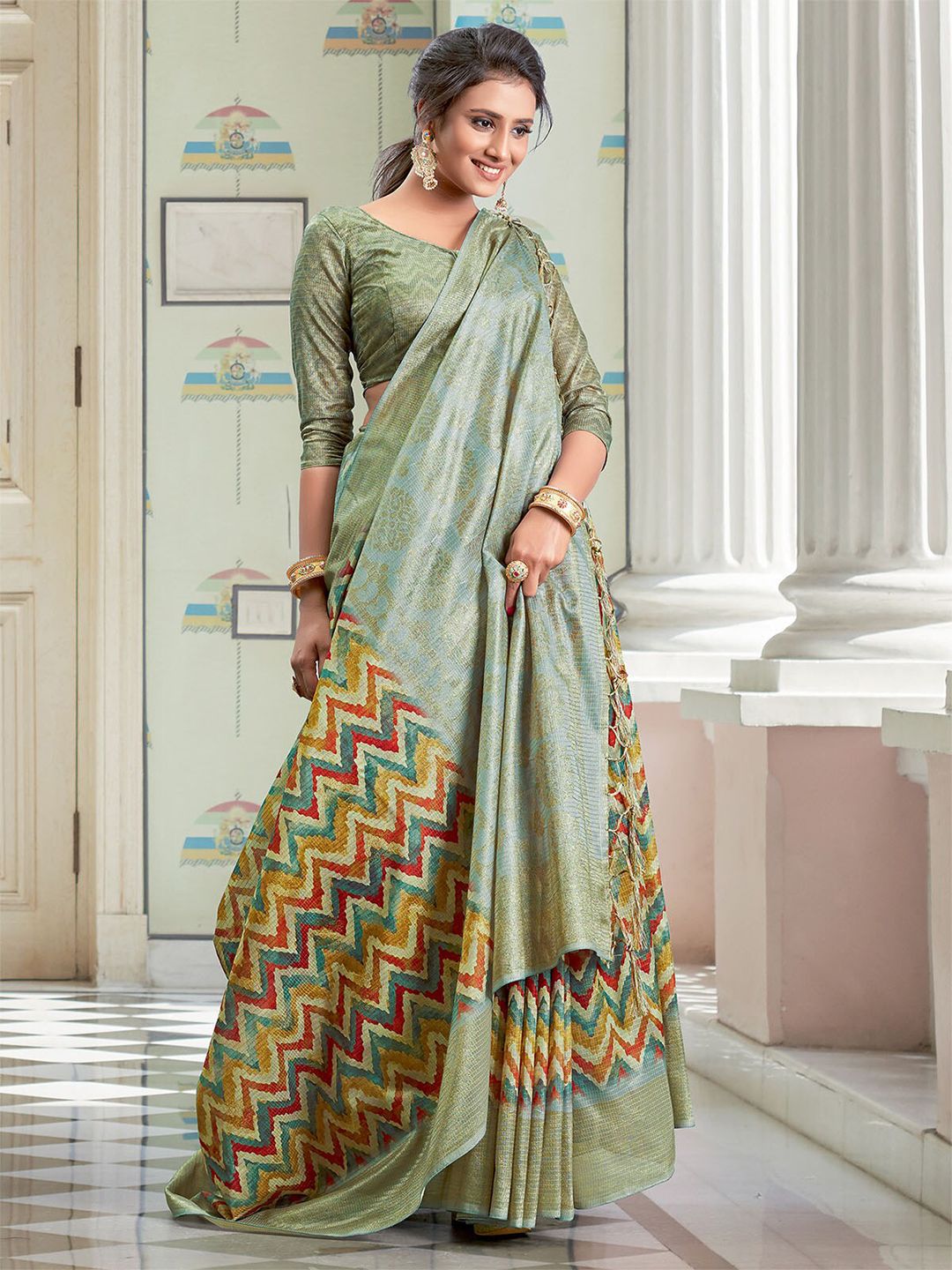 ODETTE Sea Green & Gold-Toned Linen Blend Block Print Saree Price in India