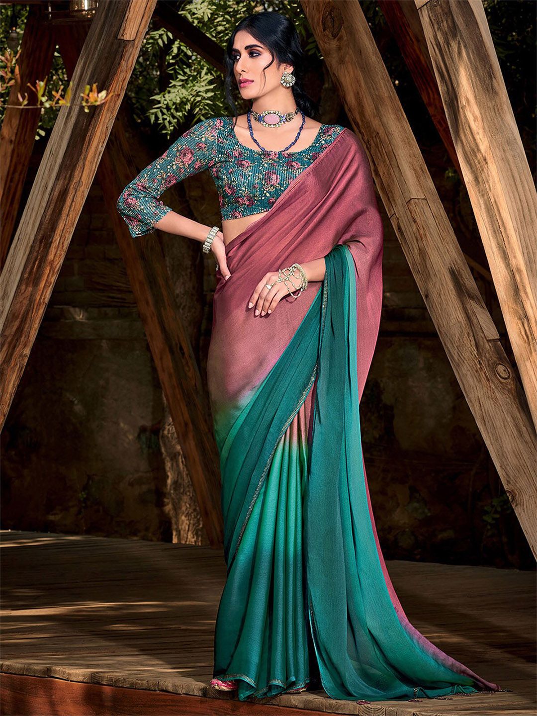 ODETTE Mauve & Blue Colourblocked Saree Price in India