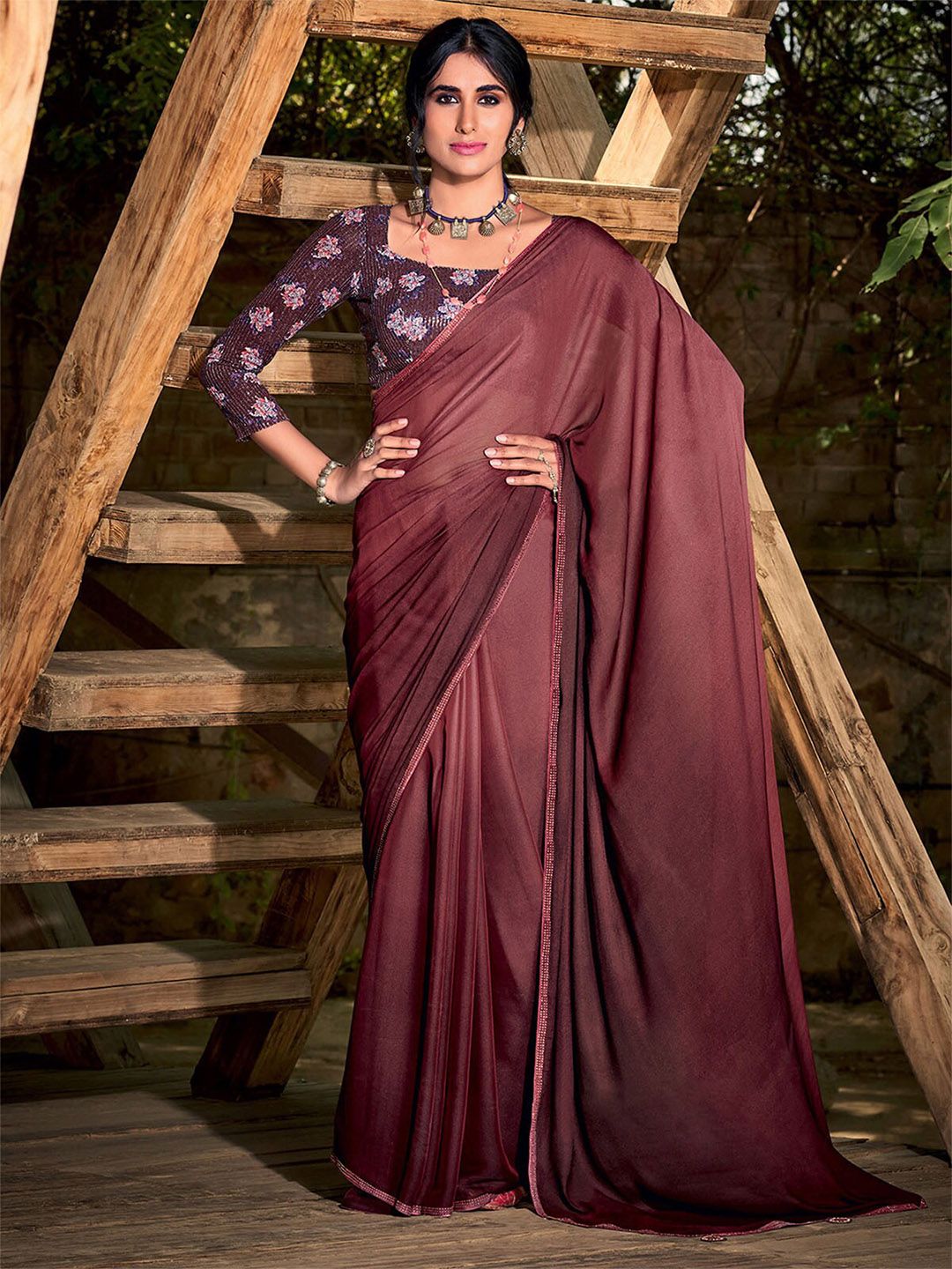 ODETTE Burgundy Saree Price in India