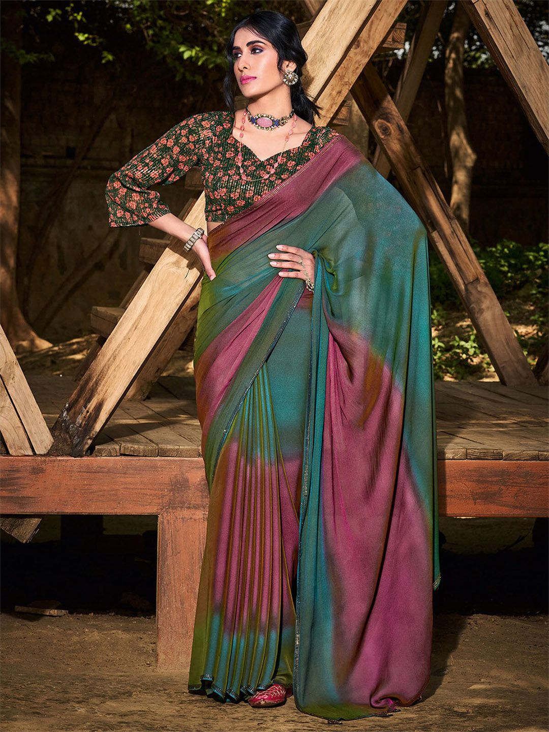 ODETTE Teal Blue & Purple Colourblocked Saree Price in India