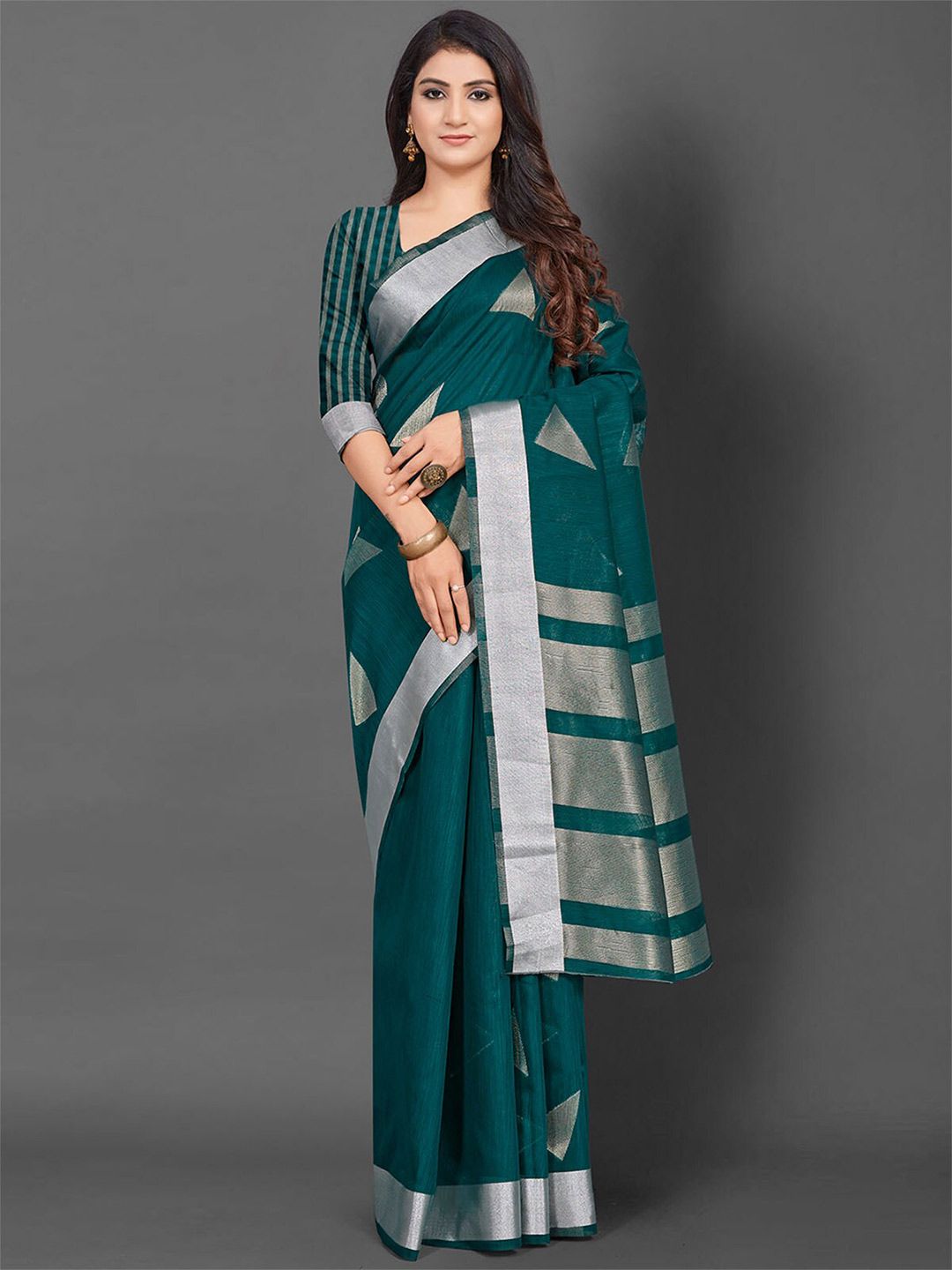 ODETTE Teal & Silver-Toned Woven Design Zari Linen Blend Saree Price in India