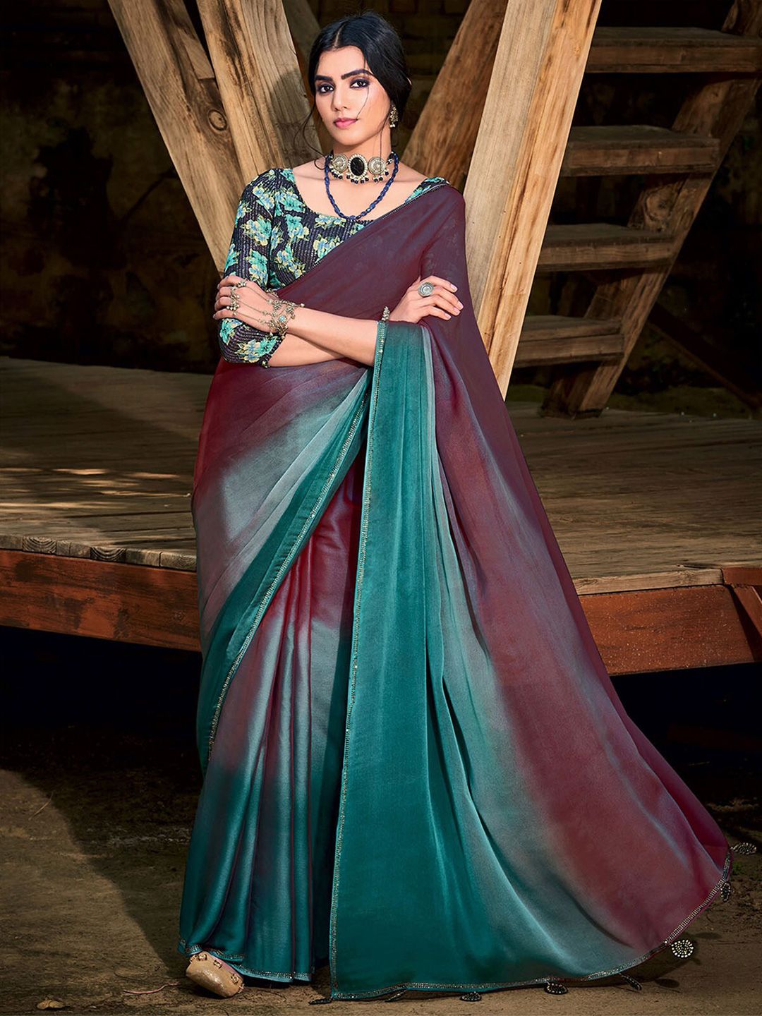 ODETTE Burgundy & Blue Colourblocked Saree Price in India