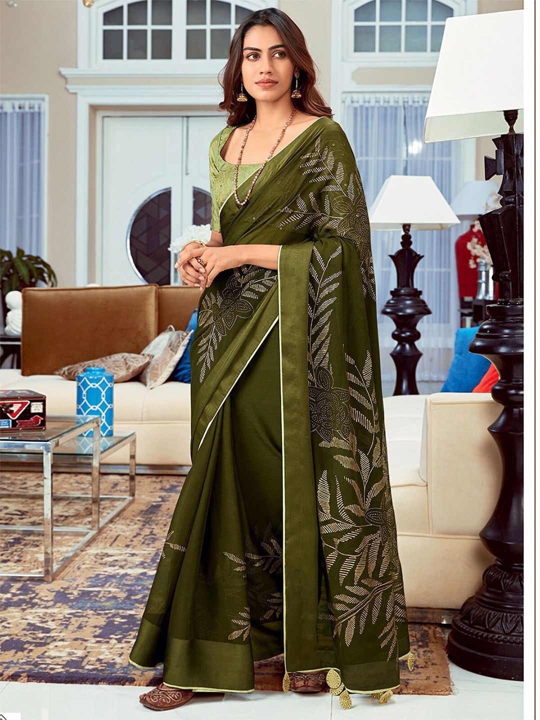 ODETTE Olive Green & Beige Floral Silk Blend Saree Price in India