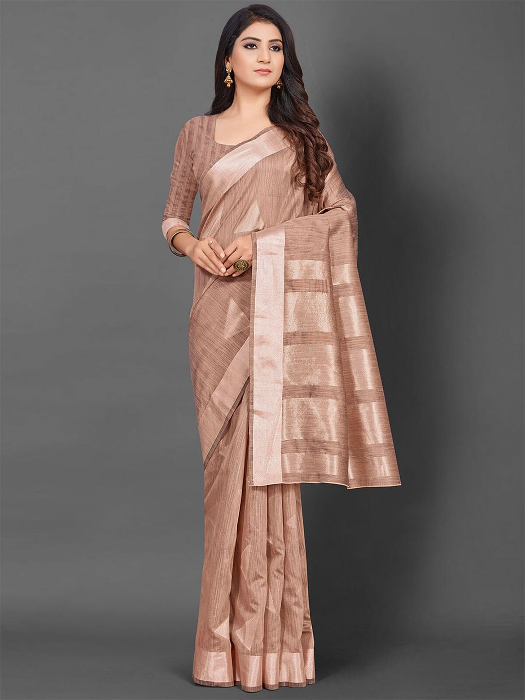 ODETTE Beige Zari Linen Blend Banarasi Saree Price in India