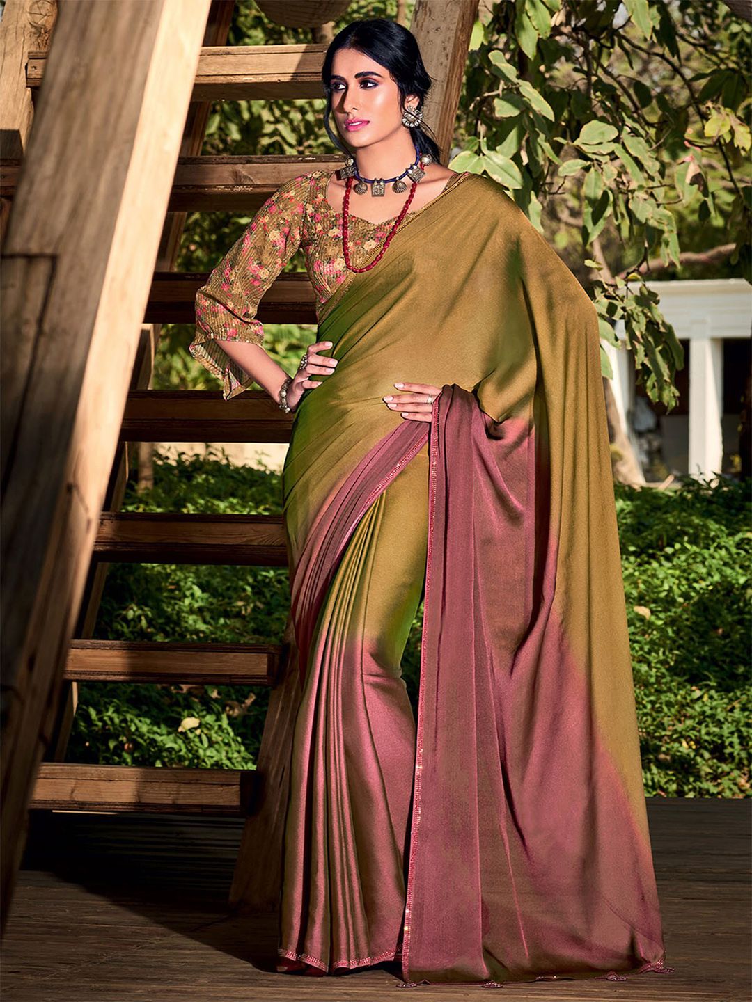 ODETTE Olive Green & Mauve Colourblocked Saree Price in India