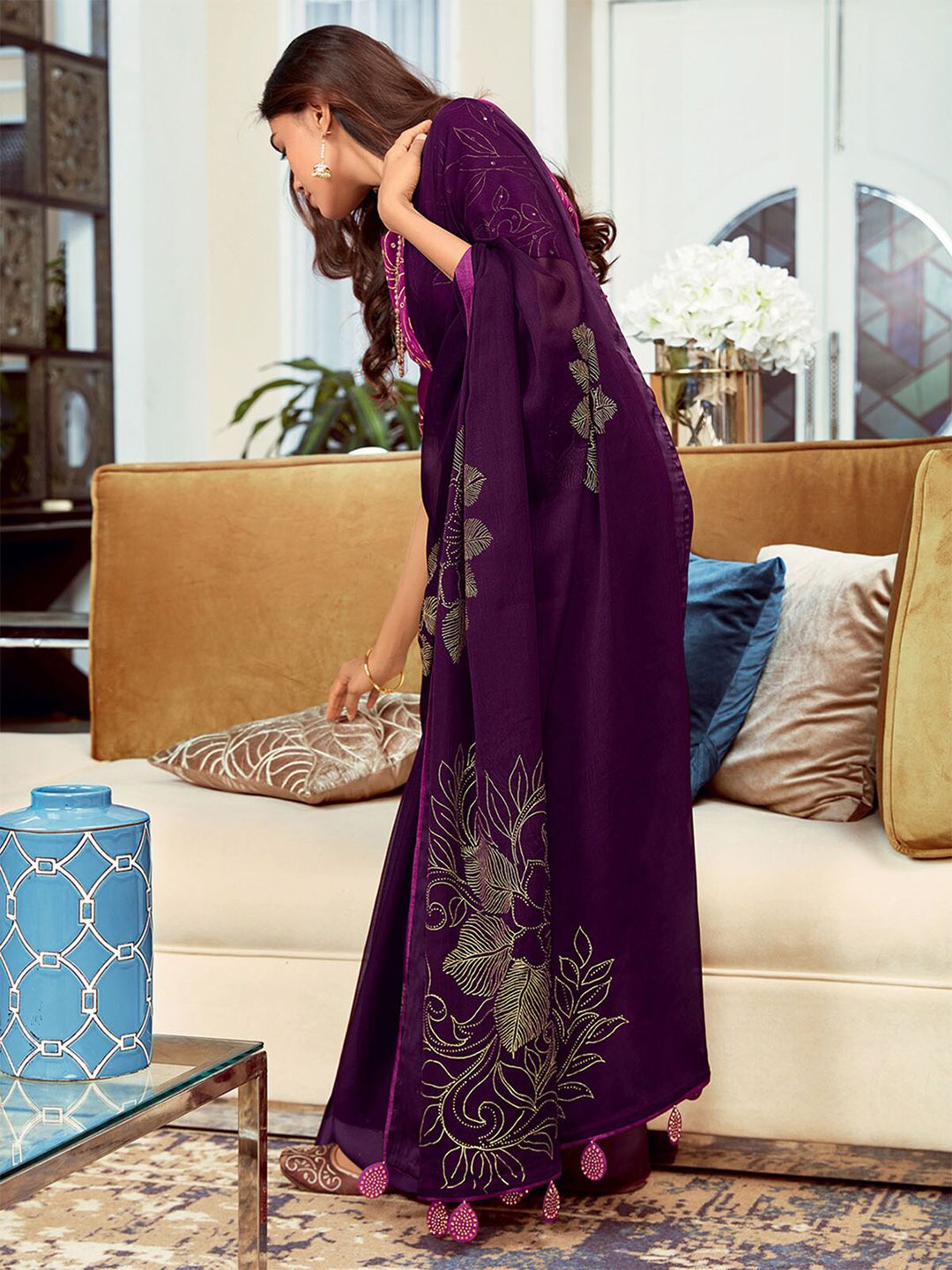 ODETTE Purple & Off White Floral Silk Blend Saree Price in India