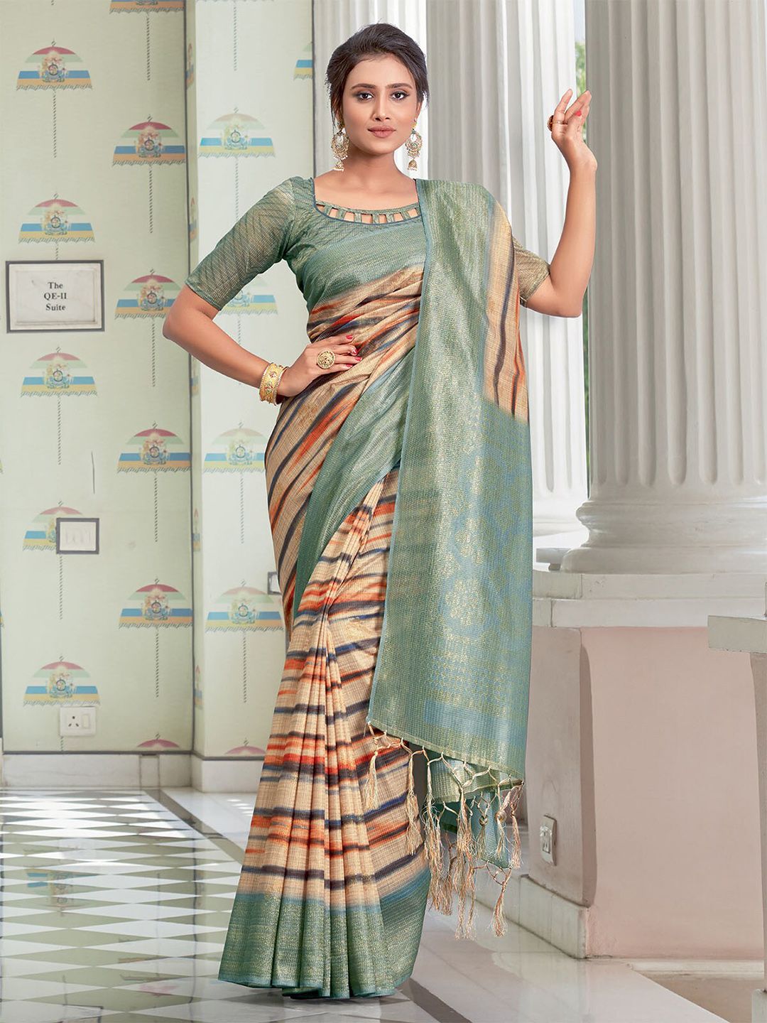 ODETTE Sea Green & Blue Striped Linen Blend Block Print Saree Price in India