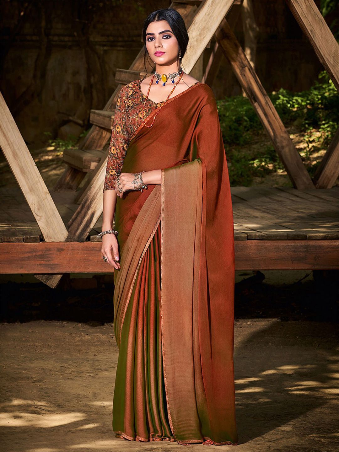 ODETTE Brown & Green Colourblocked Saree Price in India