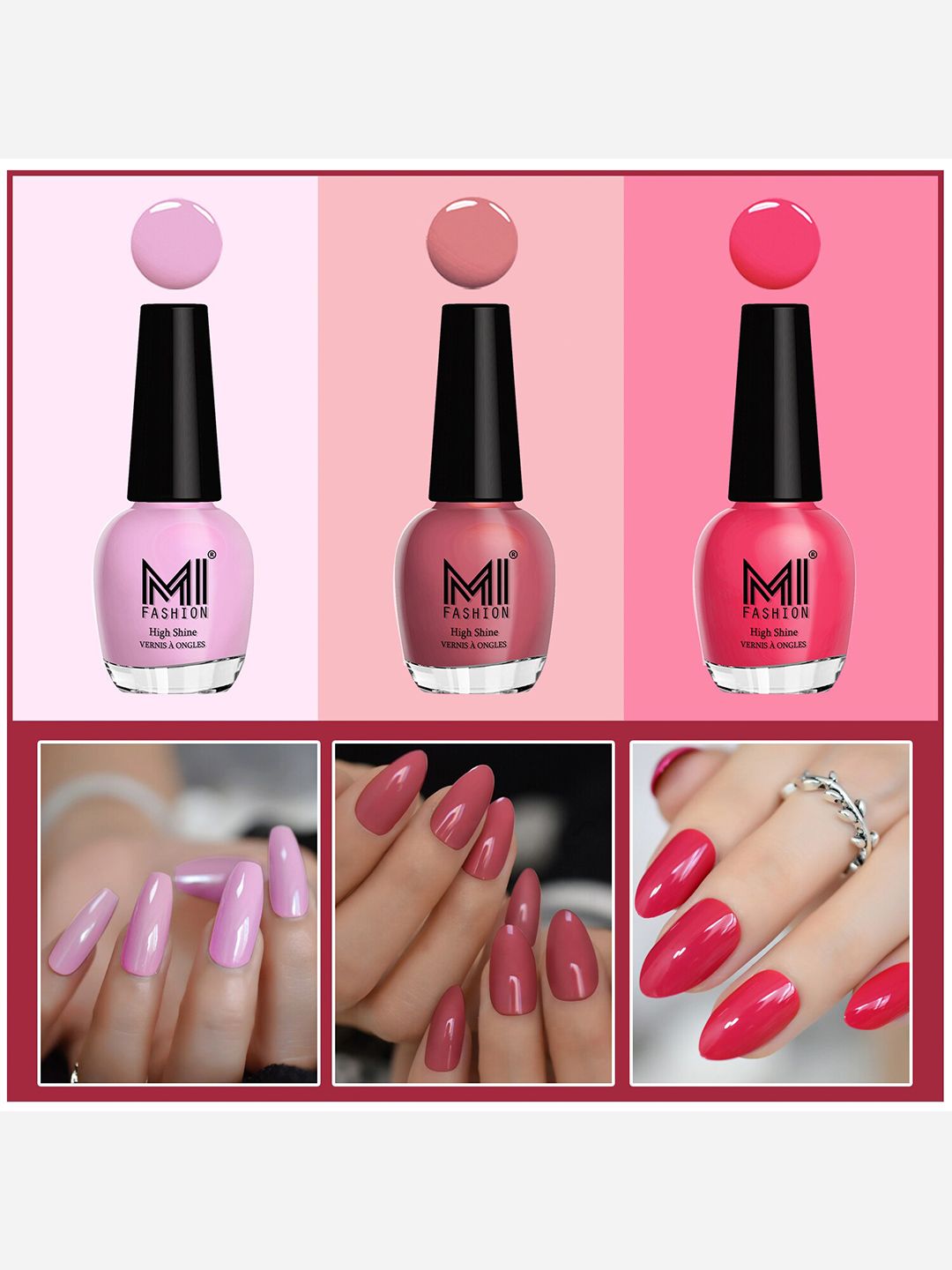 MI FASHION Set Of 3 Vernis A Ongles Ultra High Glass HD 3D Shine Nail Polish - Light Pink, Tan, Nude Pink