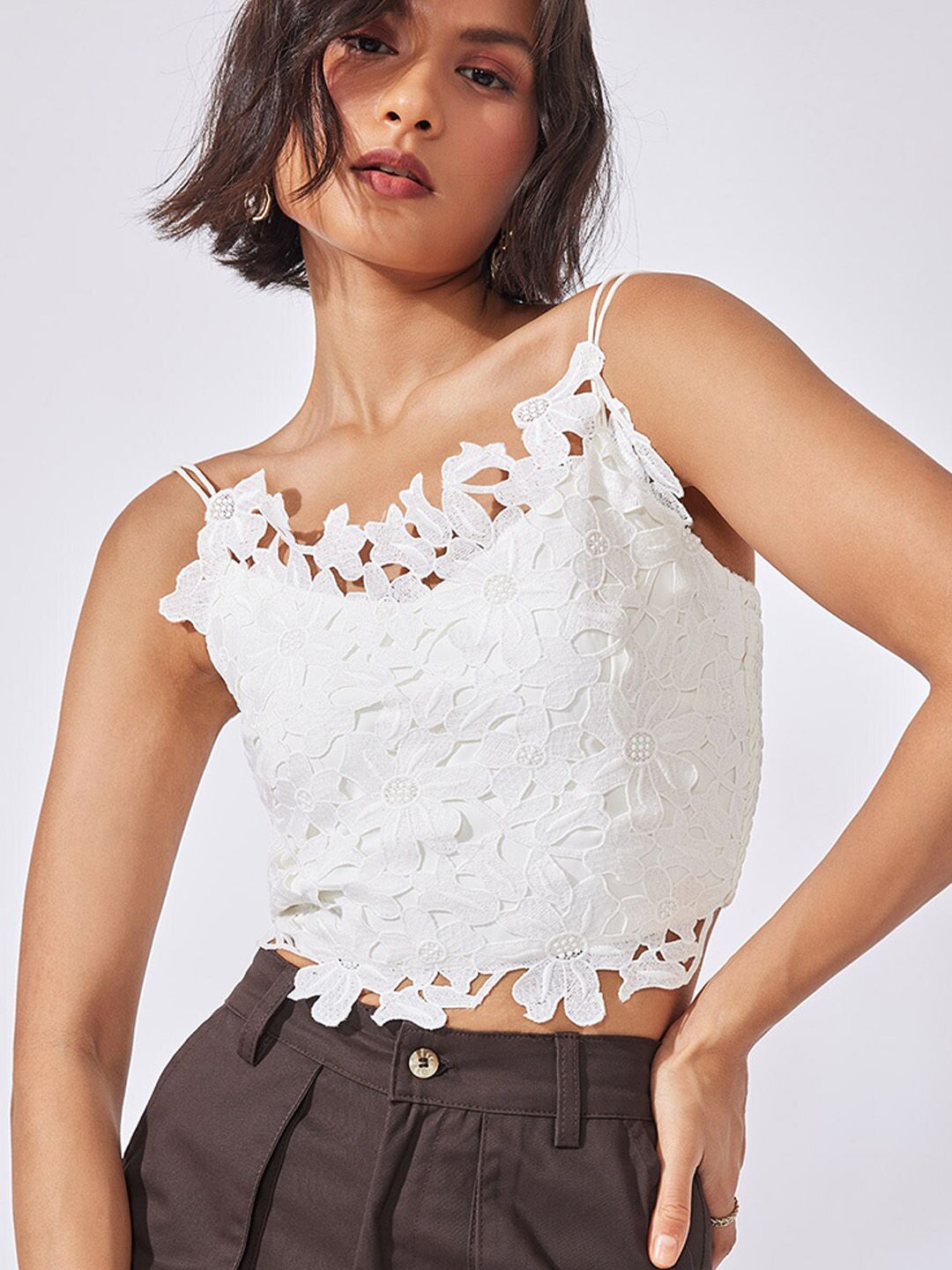The Label Life White Floral Embellished Crop Top Price in India