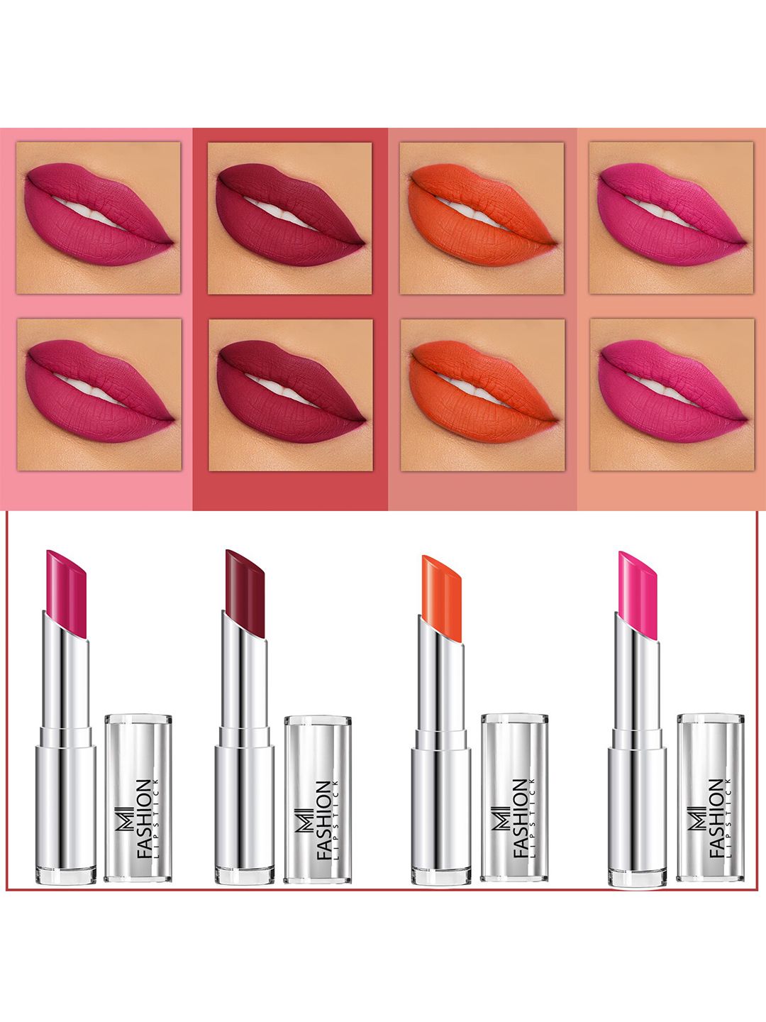 MI FASHION Set Of 4 Creme Matte Weightless Long-Lasting Lipstick 3.5g each - Pink + Cherrywood + Orange + Pink