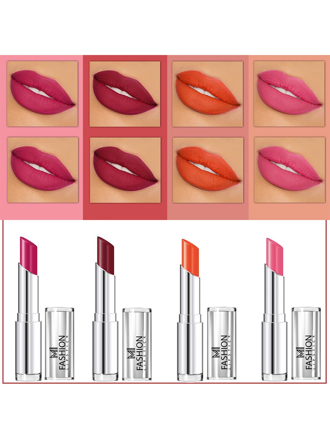 MI FASHION Set Of 4 Creme Matte Weightless Long-Lasting Lipstick 3.5g each - Pink + Cherrywood + Orange + Light Carmine Pink