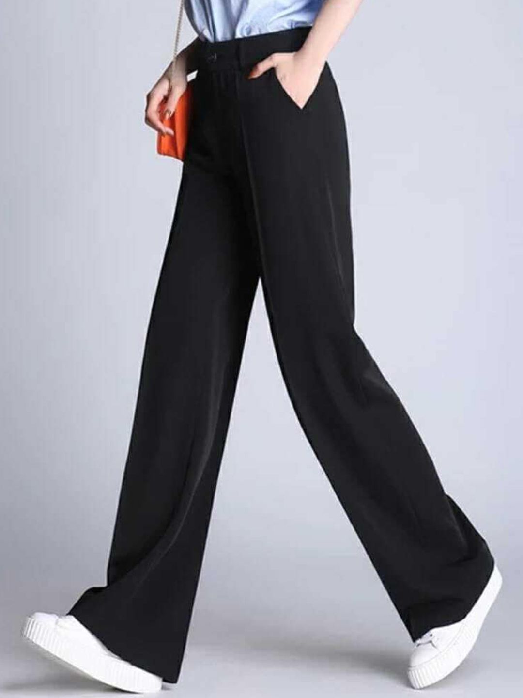 BROADSTAR Women Black Relaxed Straight Leg Loose Fit High-Rise Easy Wash Trousers Price in India