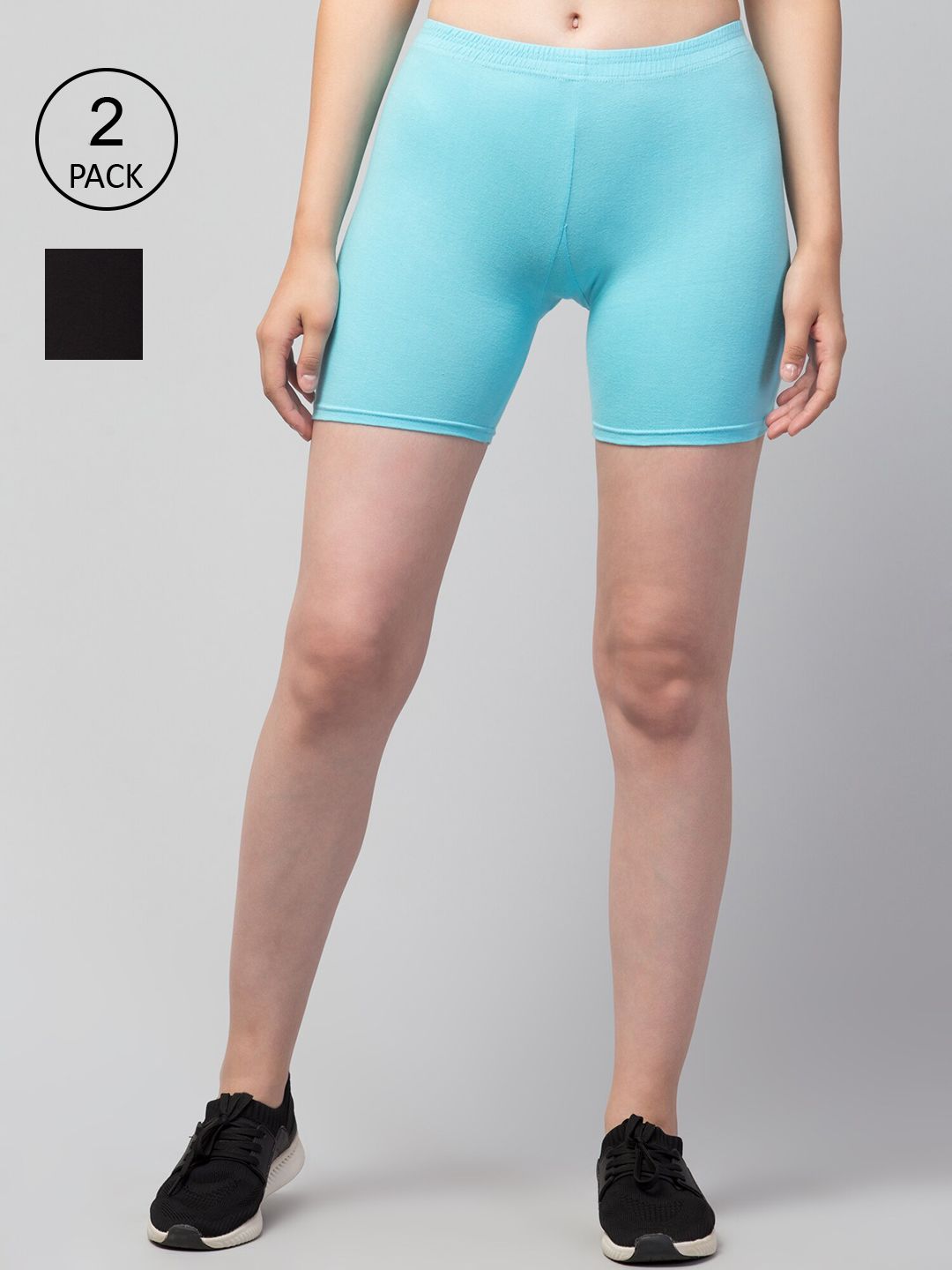 Apraa & Parma Women Turquoise Blue & Black Pack of 2 Slim Fit Cotton Cycling Shorts Price in India