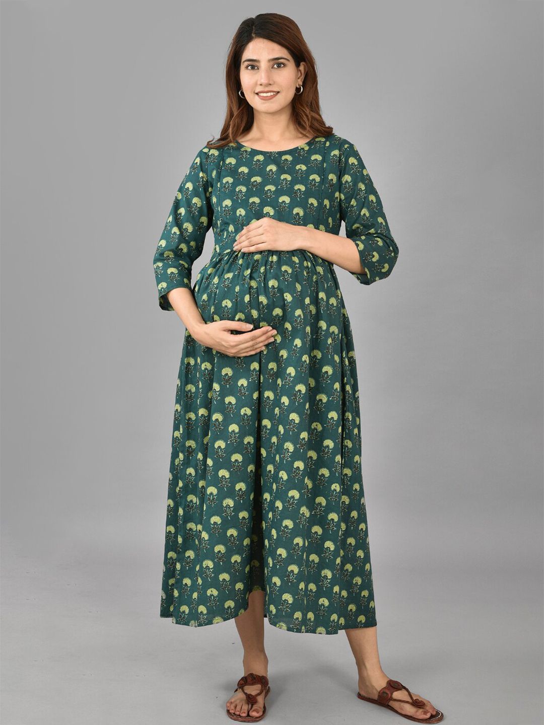 KALINI Green Ethnic Motifs Maternity Pure Cotton A-Line Midi Dress Price in India