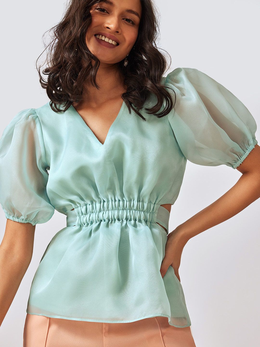The Label Life Turquoise Blue Cut Out Cinched Waist Top Price in India