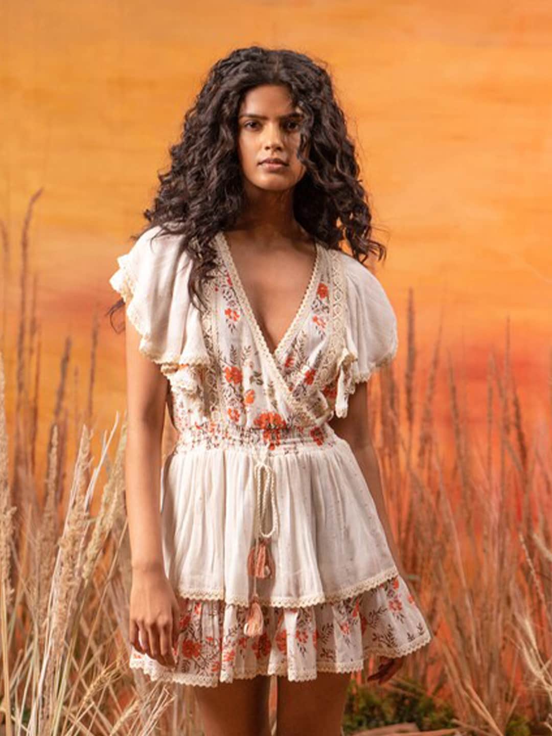 Label Reyya Women Off White & Orange Floral Mini Dress Price in India