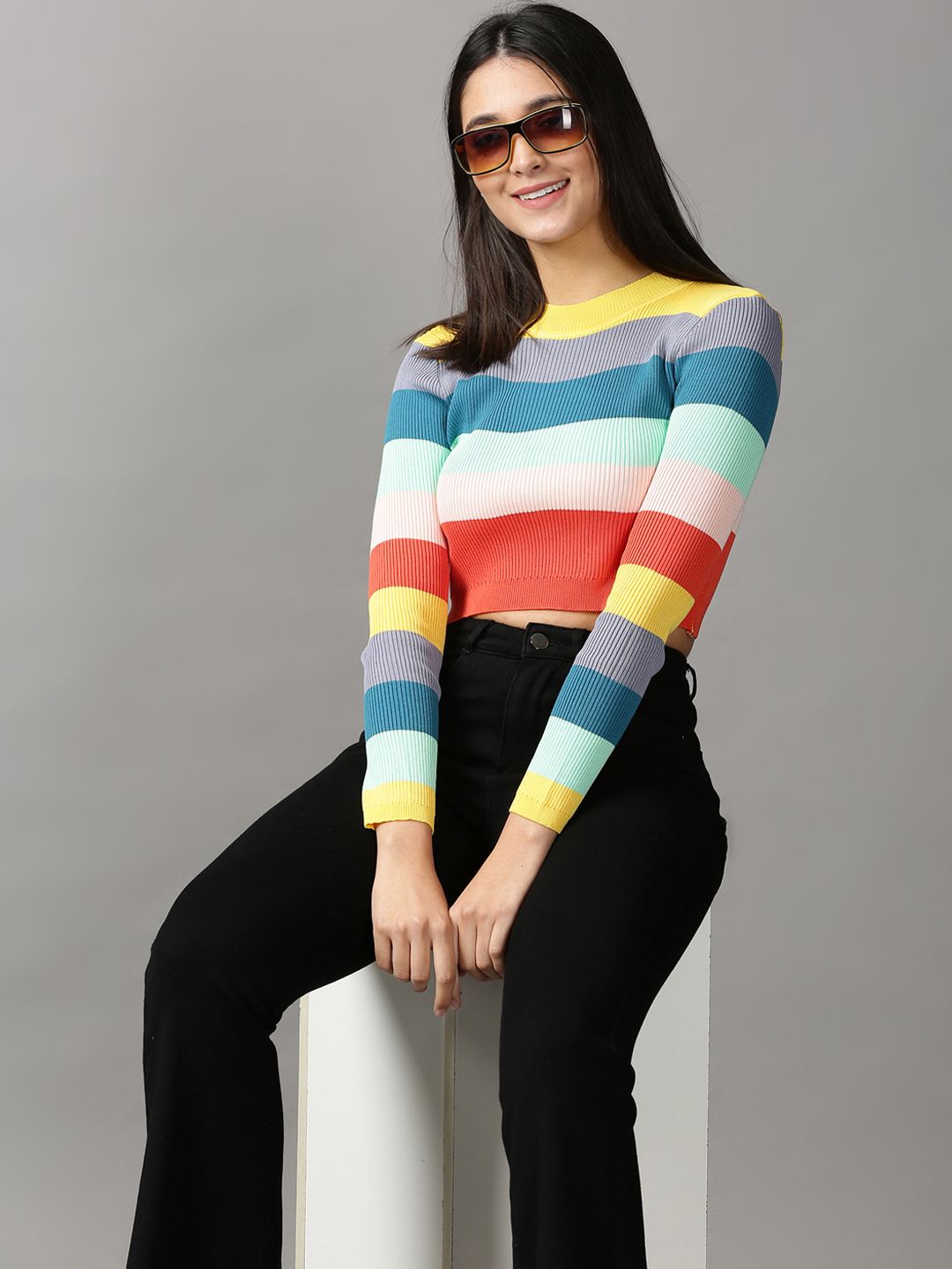 SHOWOFF Women Multicoloured Striped Crop Top Price in India