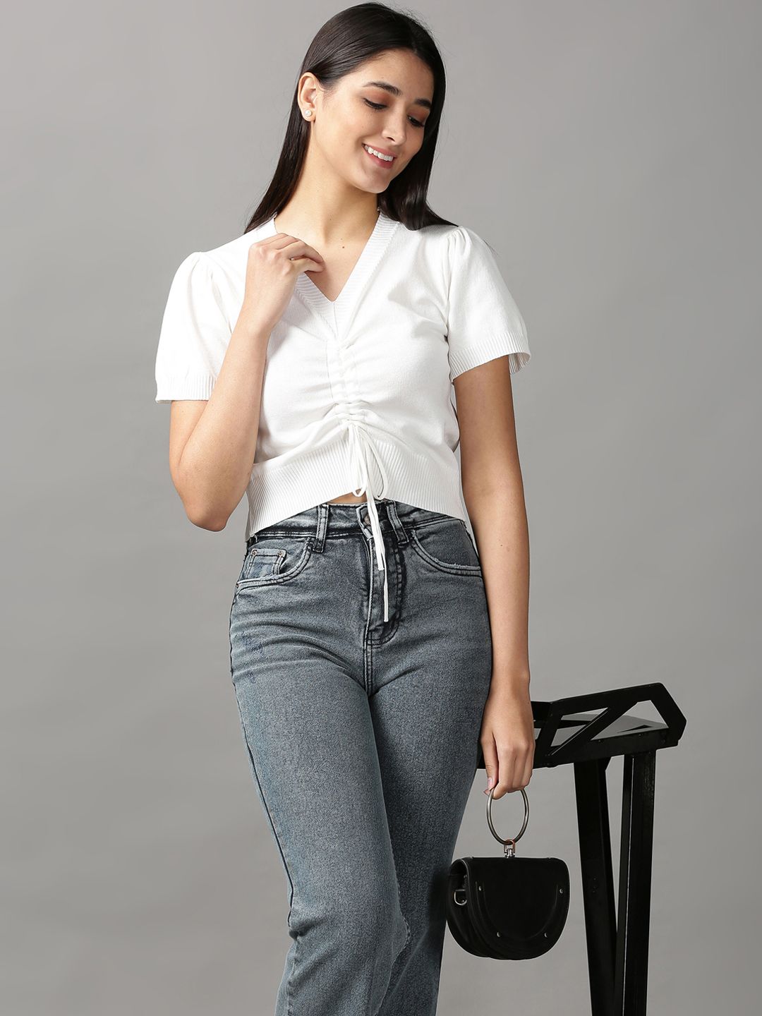 SHOWOFF Women White Shirt Style Crop Top Price in India