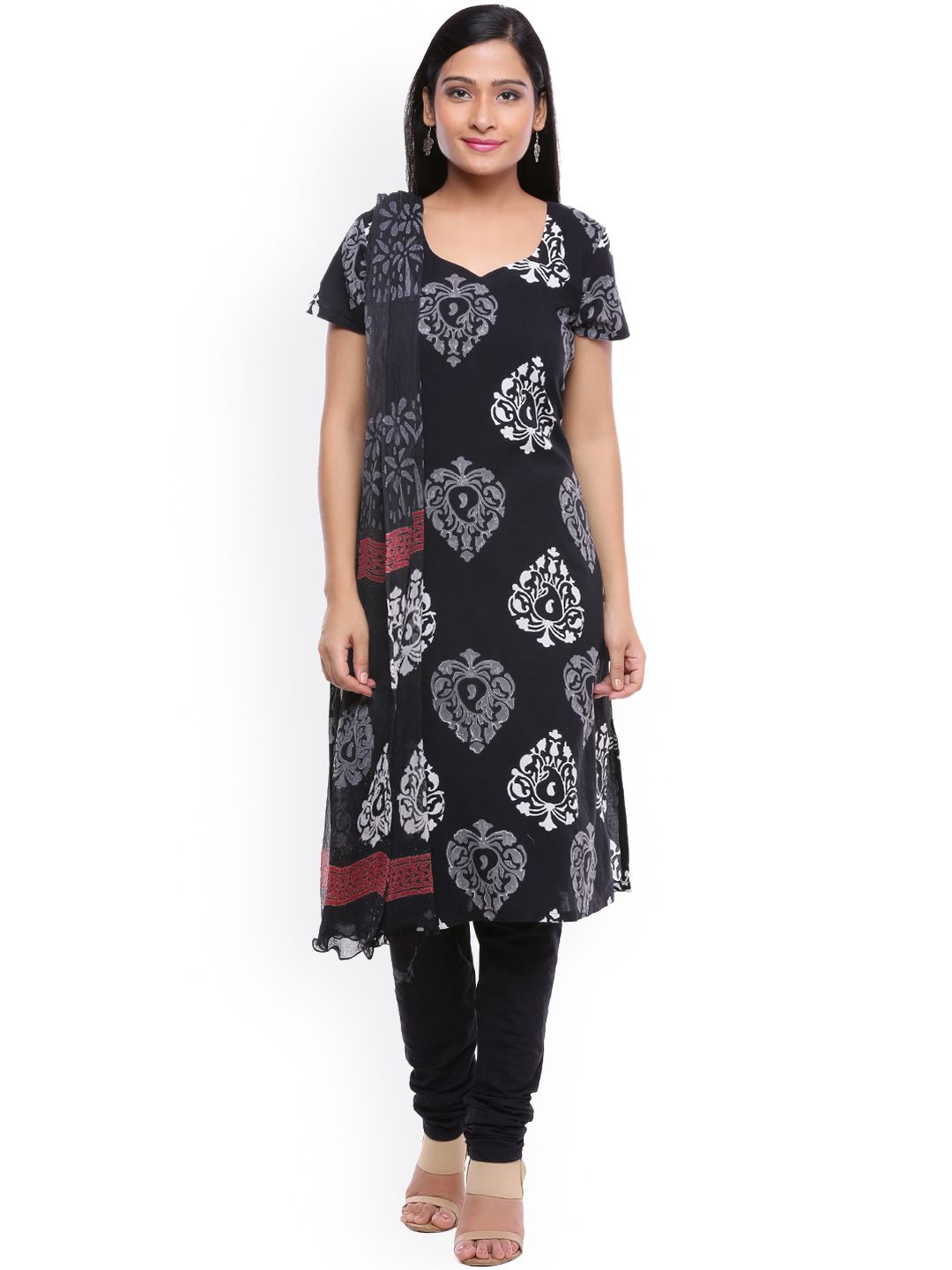 SOUNDARYA Black Pure Cotton Hand Block Printed Unstitched Dress Material Price in India