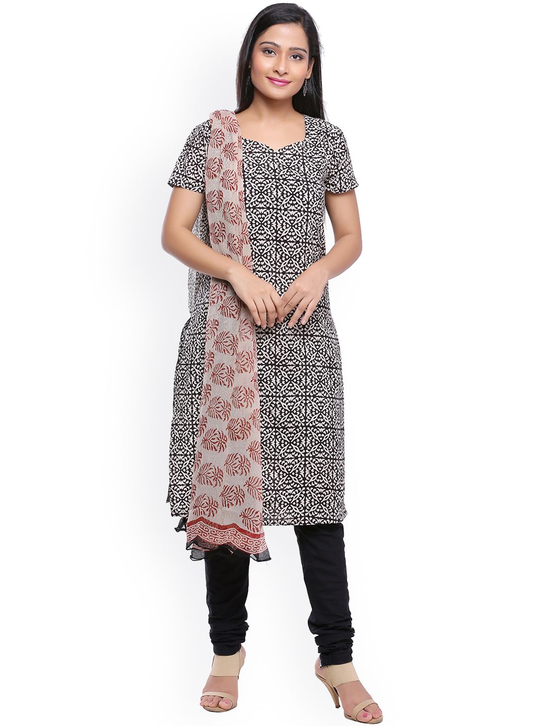 SOUNDARYA Black & Off-White Pure Cotton Hand Block Printed Unstitched Dress Material Price in India