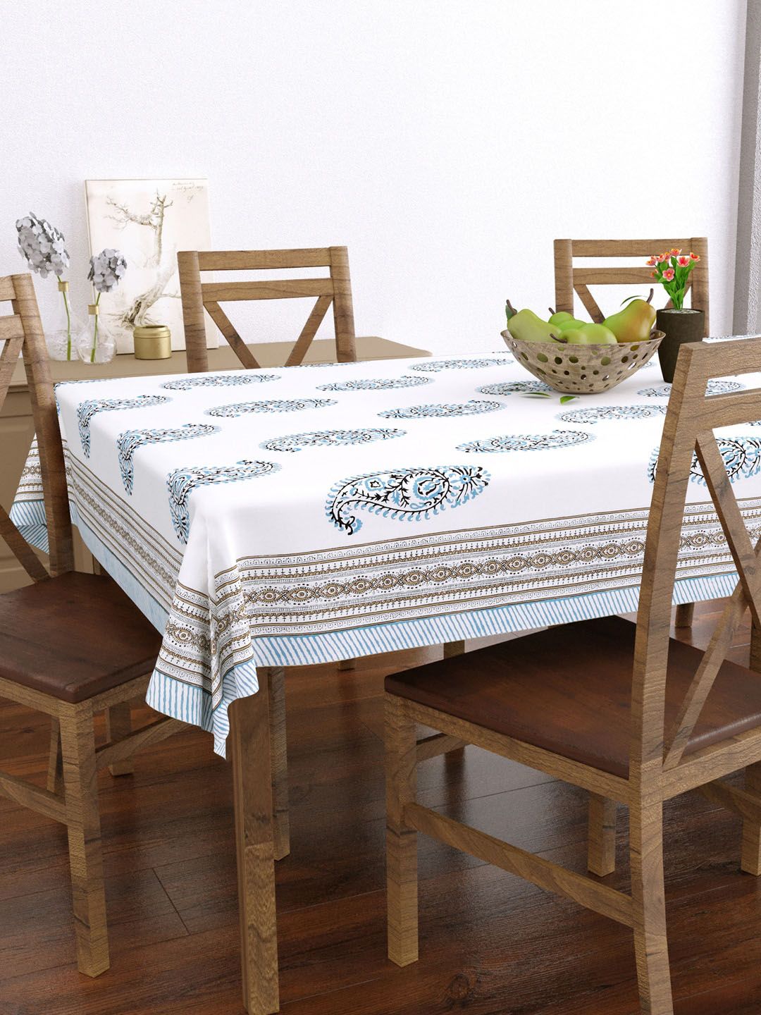 BLOCKS OF INDIA White & Blue Printed Pure Cotton 6 Seater Table Cloth