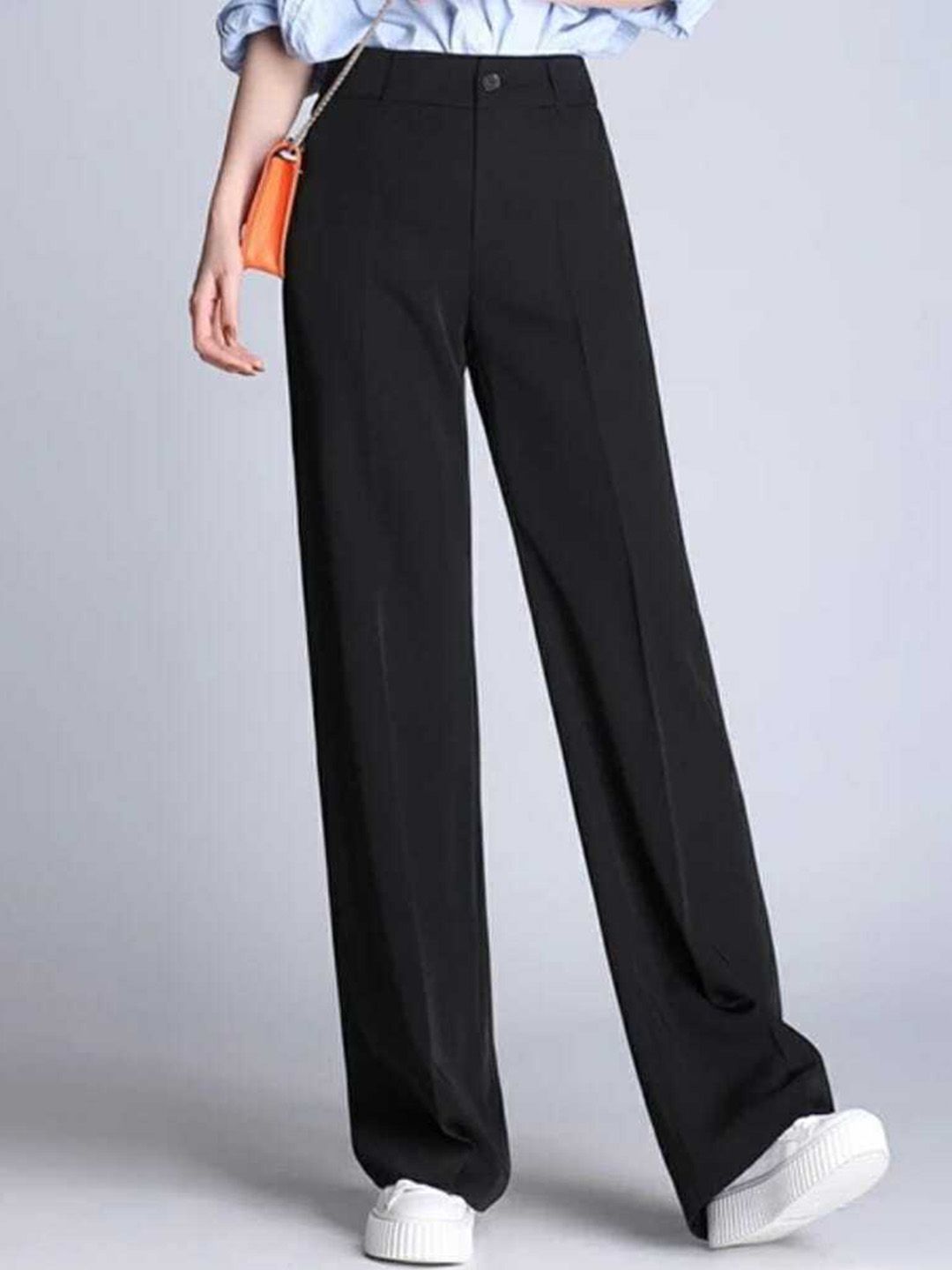 Next One Women Black Relaxed Straight Leg Loose Fit High-Rise Trouser Price in India