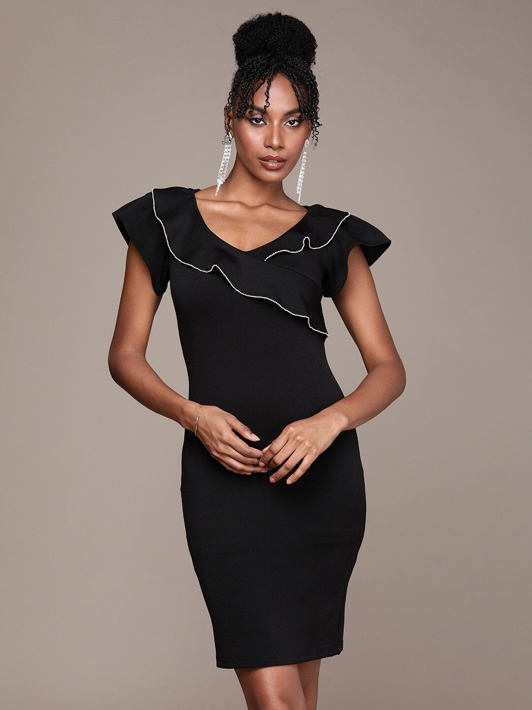 Buy bebe V-Neck Flutter Sleeves Sheath Winter Dress With Studded Stone  Detail - Dresses for Women 20814532 | Myntra