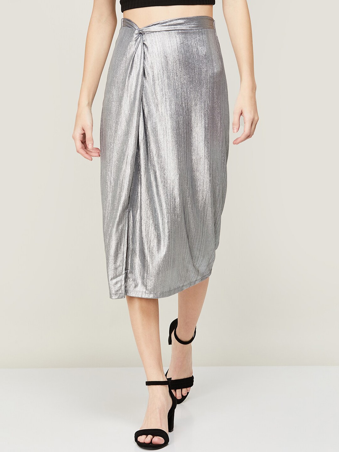Ginger by Lifestyle Women Silver-Toned Embellished Knee-Length Pencil Skirt Price in India