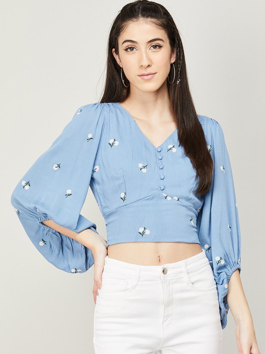 Ginger by Lifestyle Blue Floral Print Blouson Crop Top Price in India