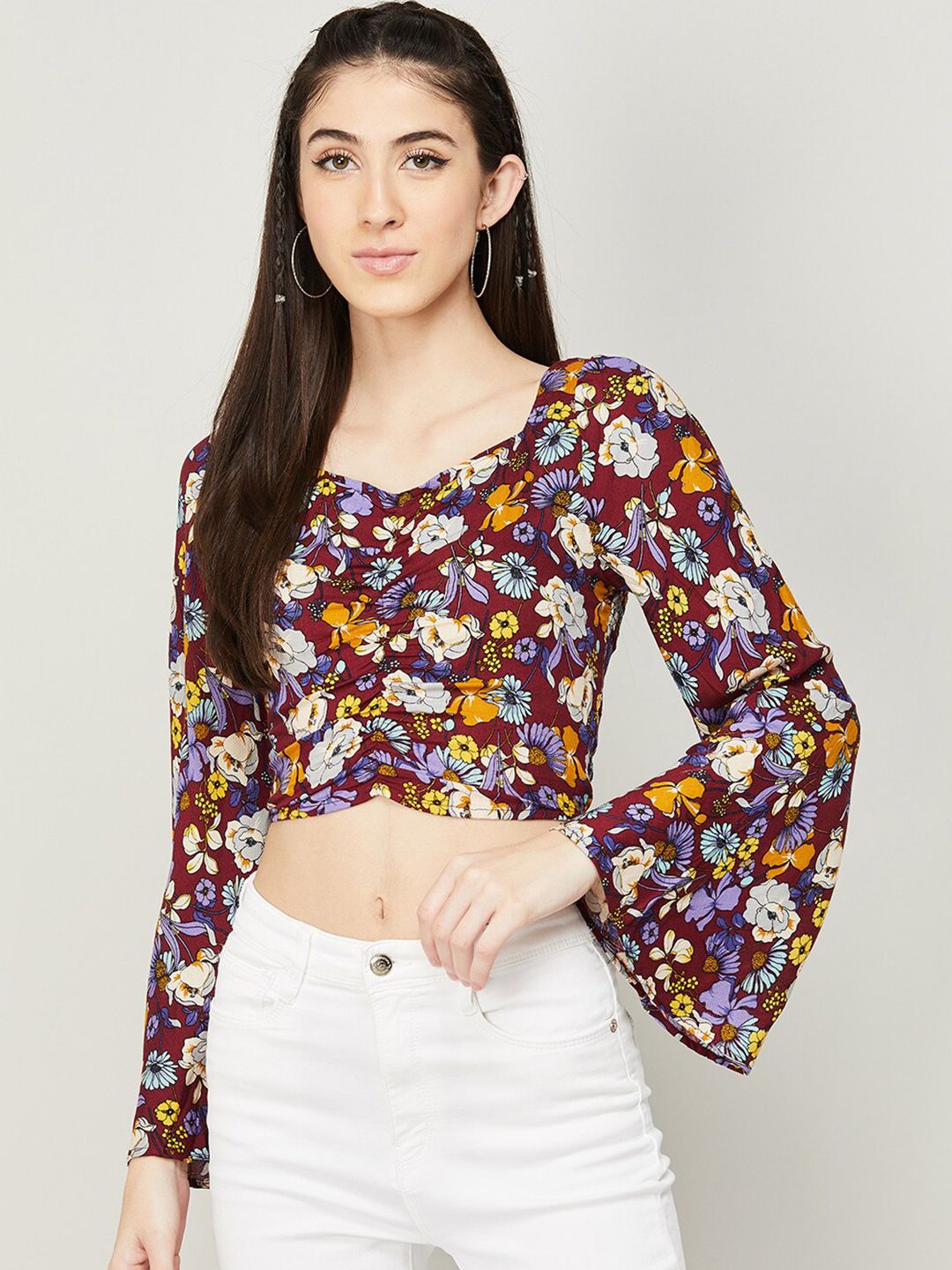 Ginger by Lifestyle Red Floral Print Sweetheart Neck Crop Top Price in India