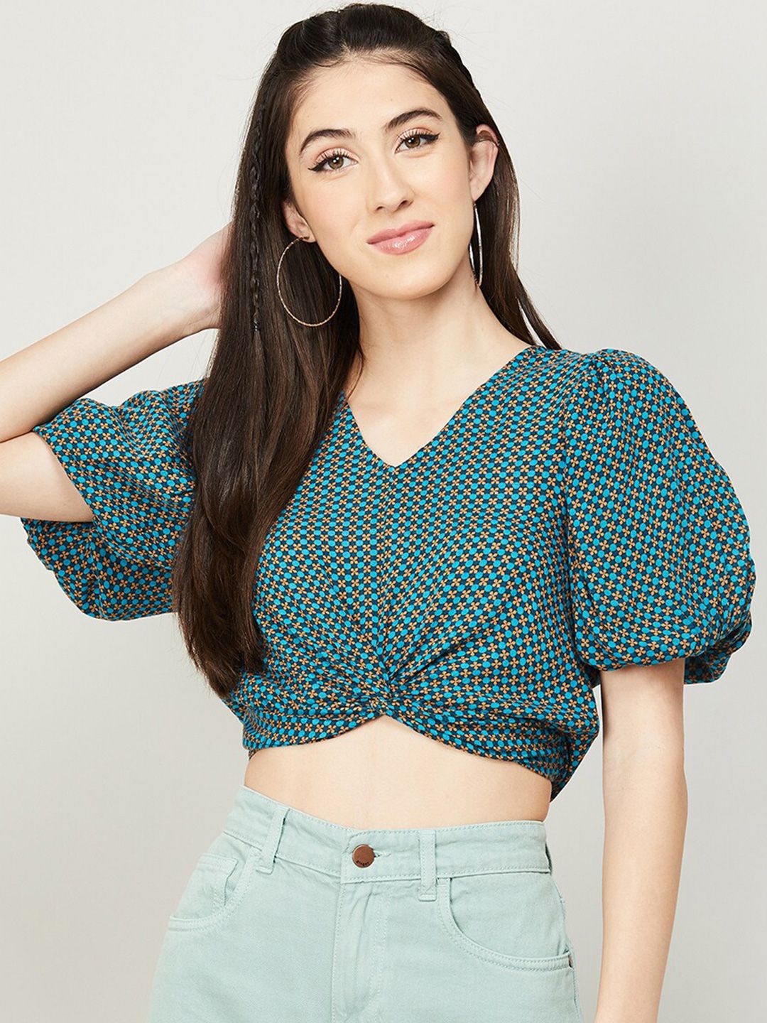 Ginger by Lifestyle Turquoise Blue Geometric Print Crop Top Price in India