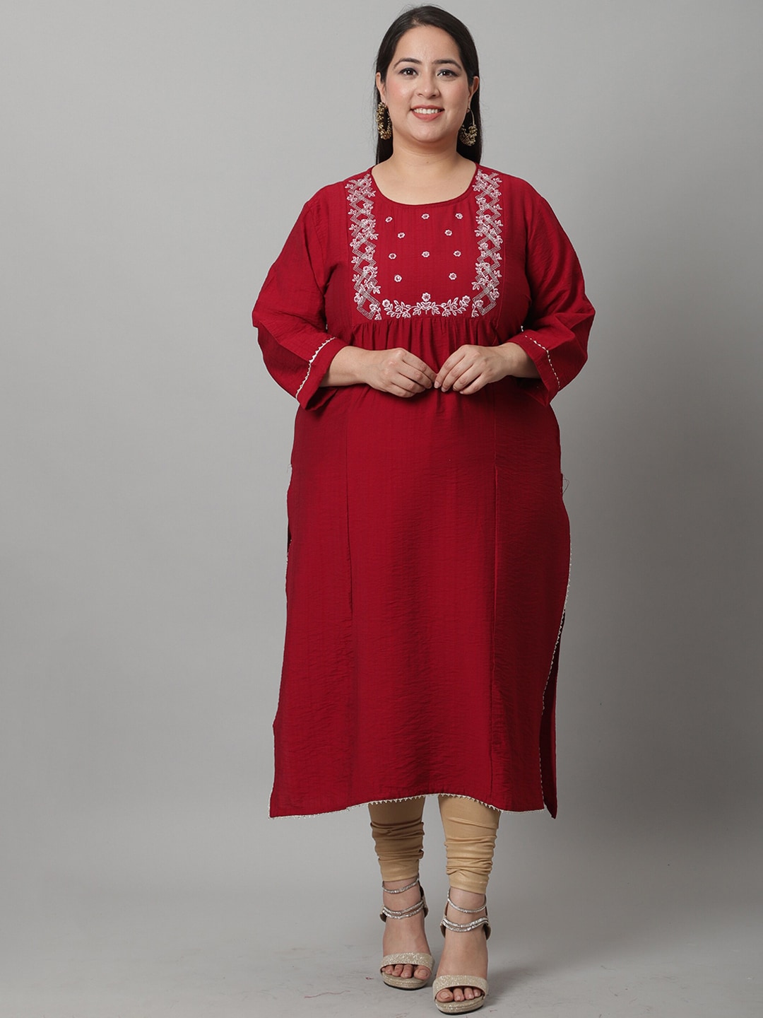 Rajnandini Women Maroon Yoke Design Thread Work Kurta Price in India