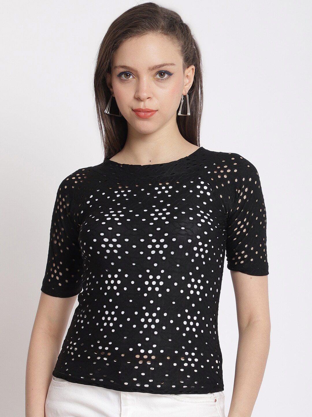 The Mini NEEDLE Black Geometric Embellished Top Price in India