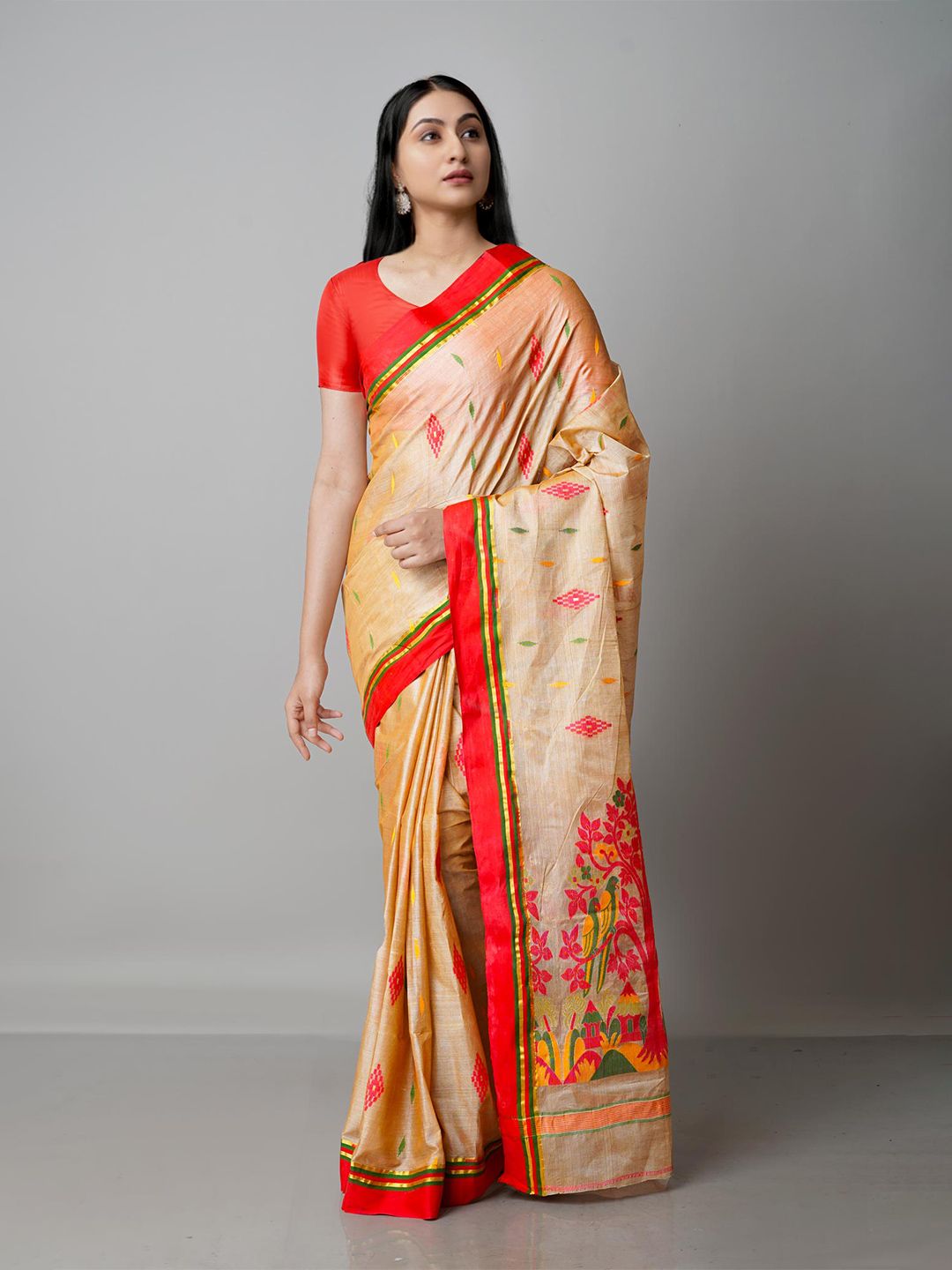 Unnati Silks Tan & Red Woven Design Zari Pure Cotton Tussar Saree Price in India