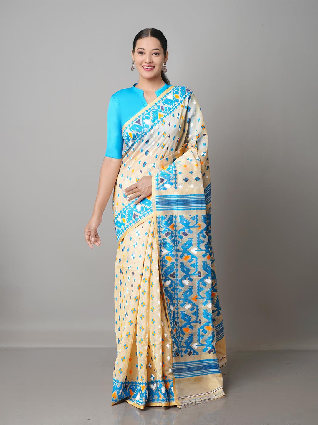 Unnati Silks Cream-Coloured & Blue Silk Cotton Jamdani Saree Price in India