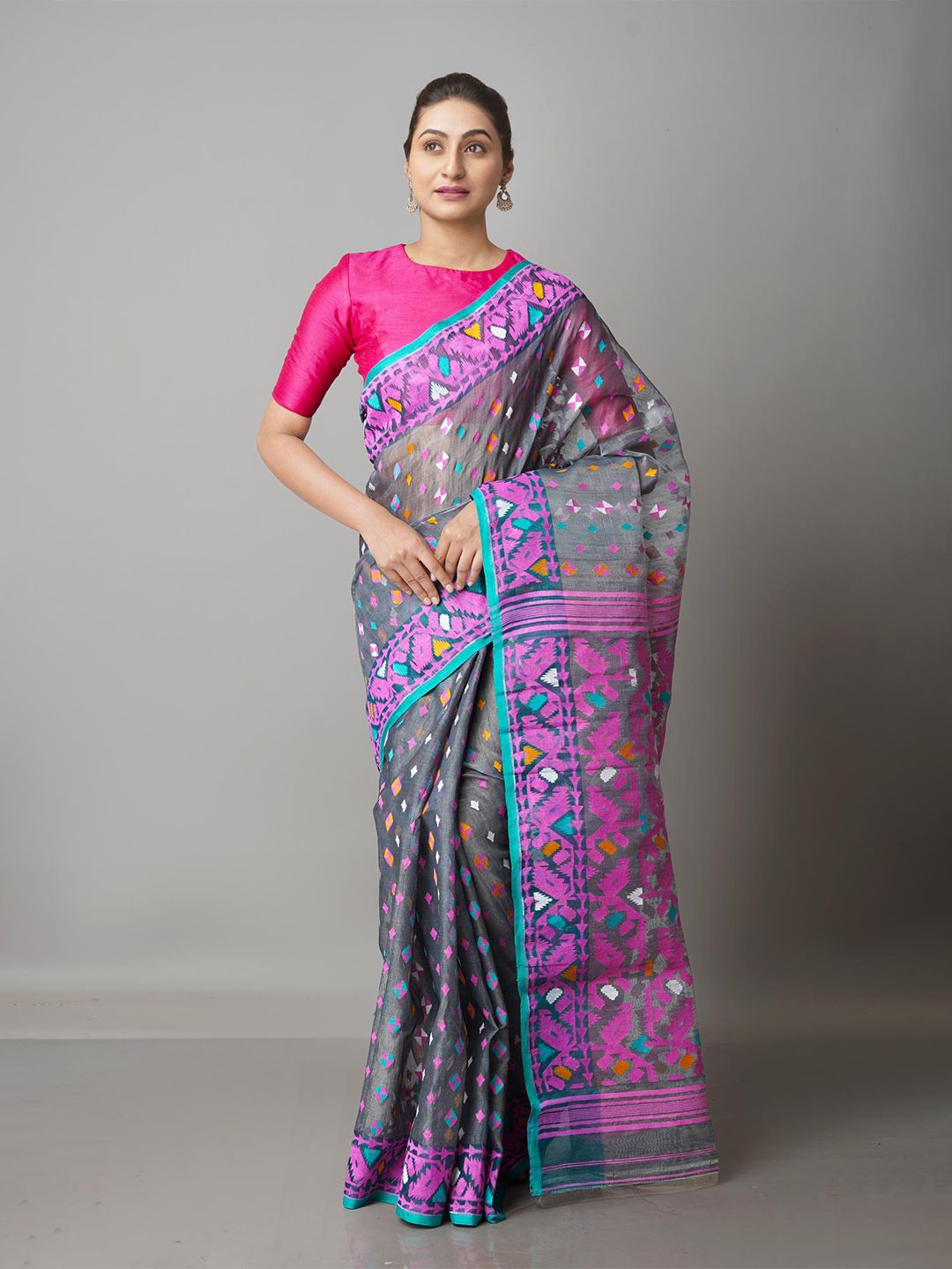 Unnati Silks Grey & Pink Silk Cotton Jamdani Saree Price in India