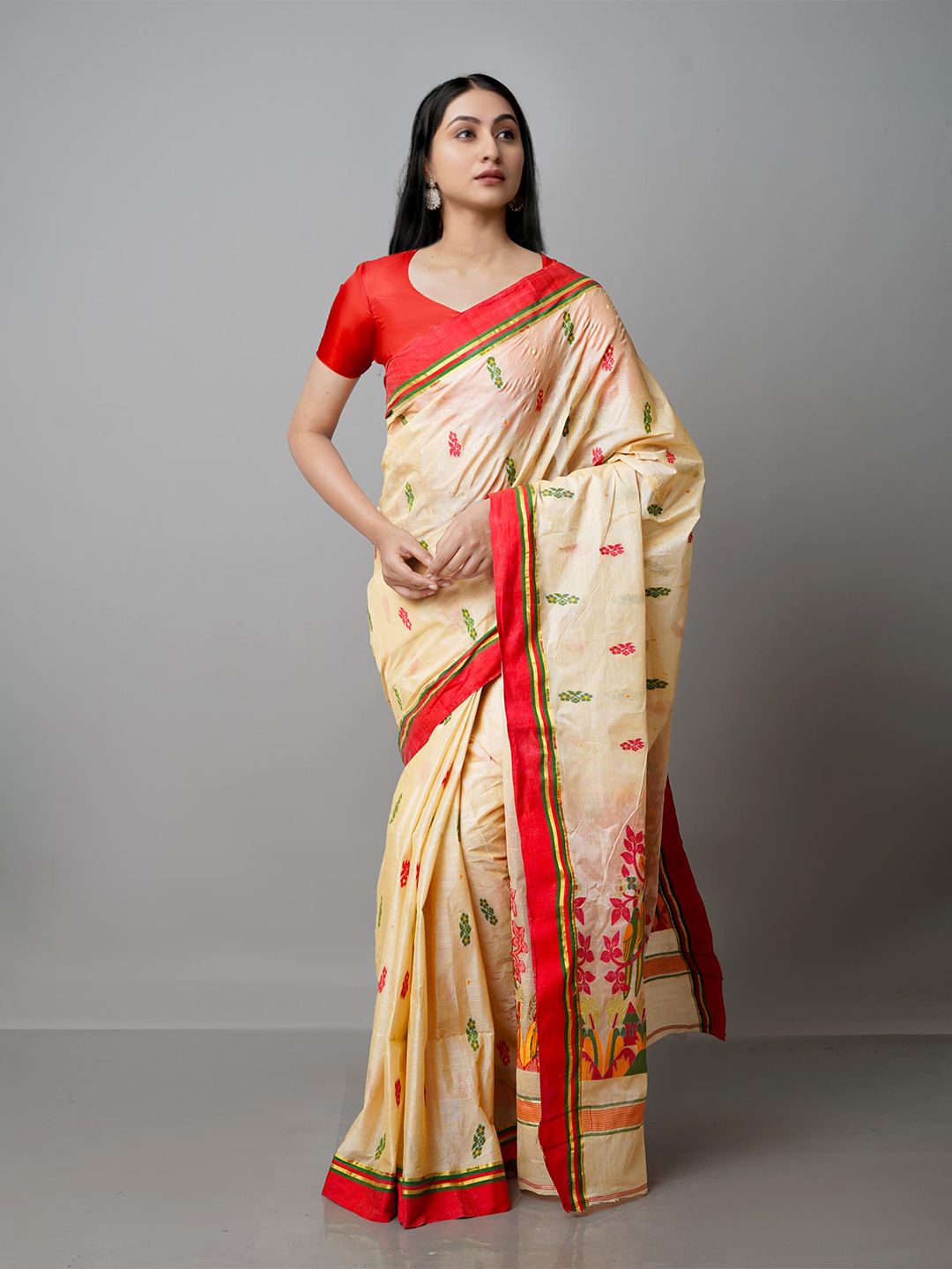 Unnati Silks Beige & Orange Floral Zari Pure Cotton Tussar Handloom Saree Price in India