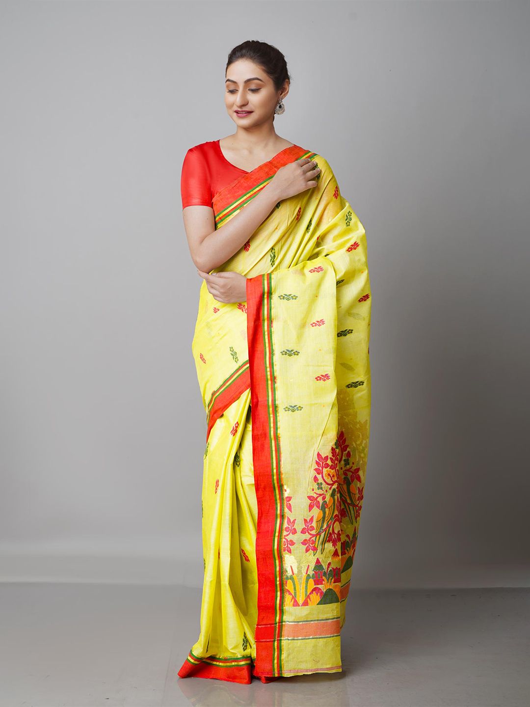 Unnati Silks Yellow & Red Floral Zari Pure Cotton Tussar Handloom Saree Price in India