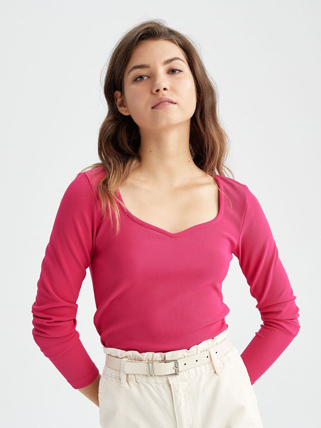 DeFacto Women Pink Solid Full Sleeves Crop Top Price in India