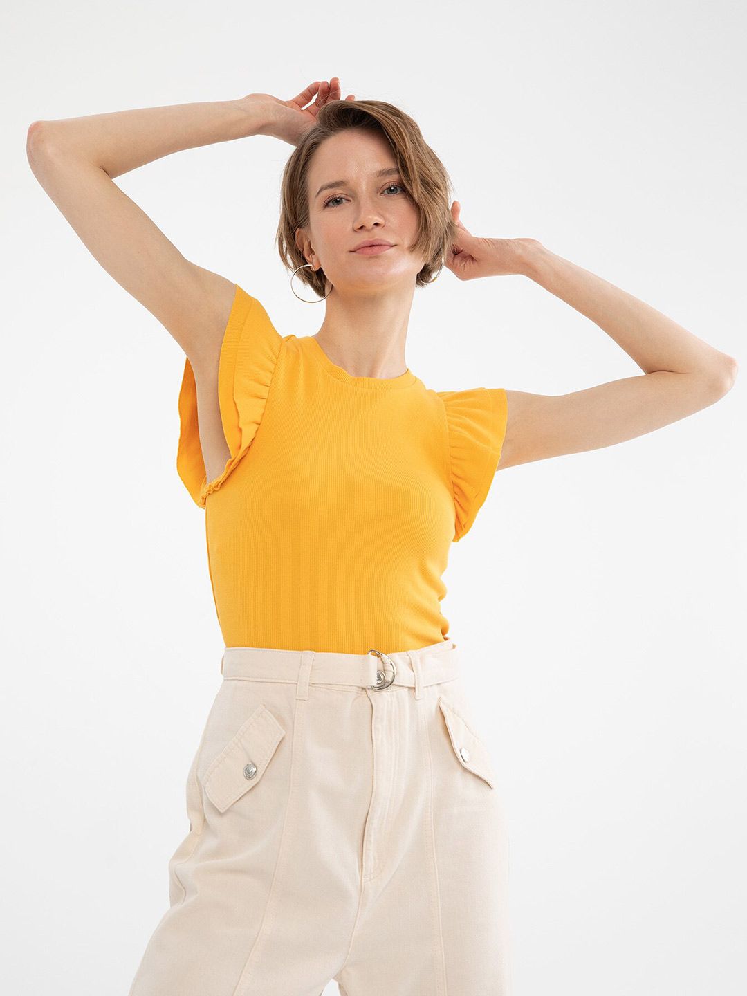 DeFacto Women Yellow Solid Flutter Sleeves Crop Top Price in India