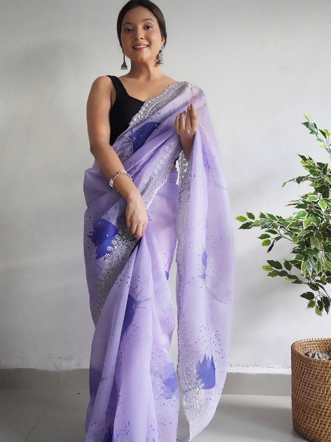 ODETTE Purple & Blue Floral Embroidered Organza Saree Price in India