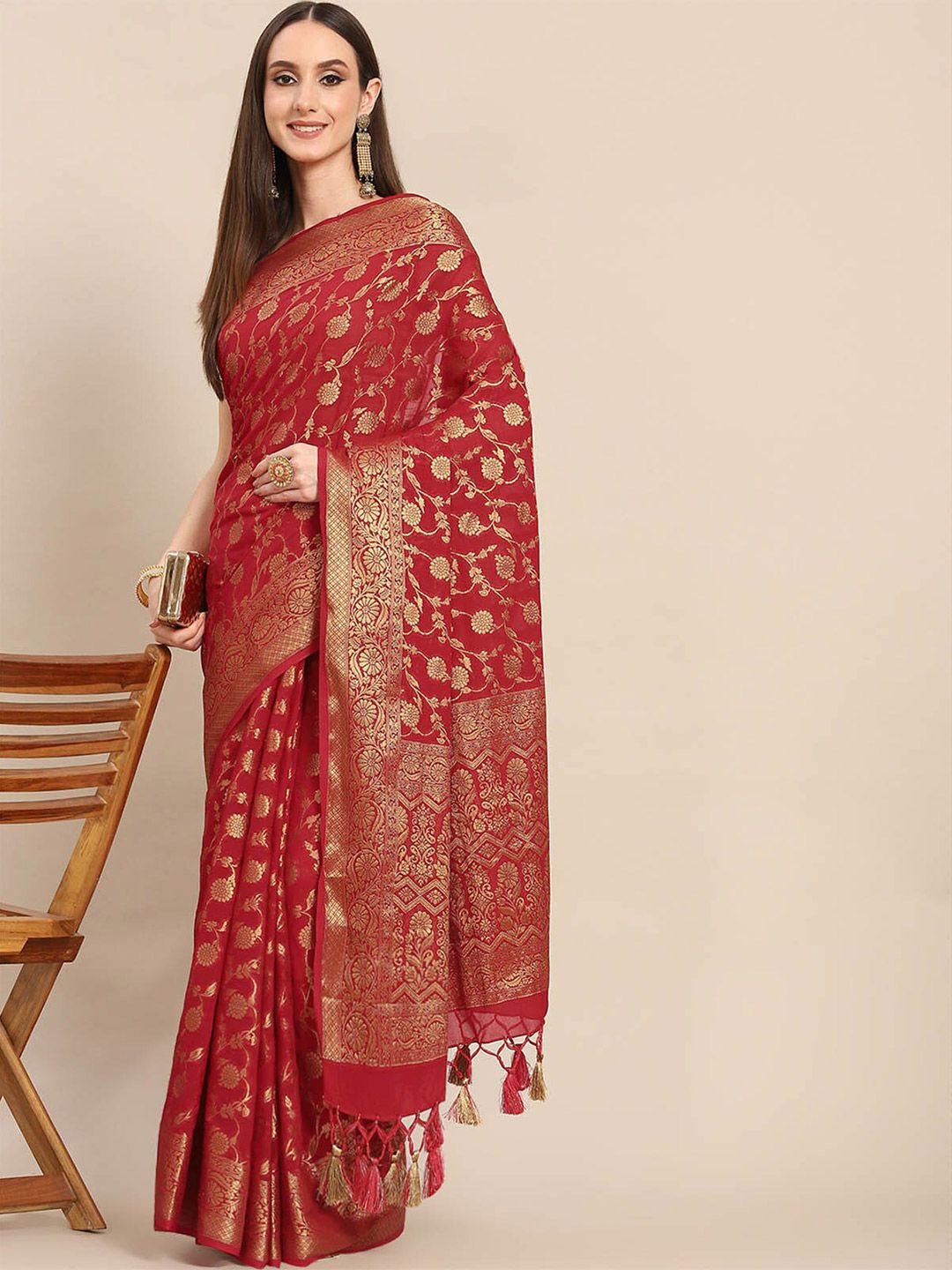 ODETTE Red & Gold-Toned Woven Design Zari Saree Price in India