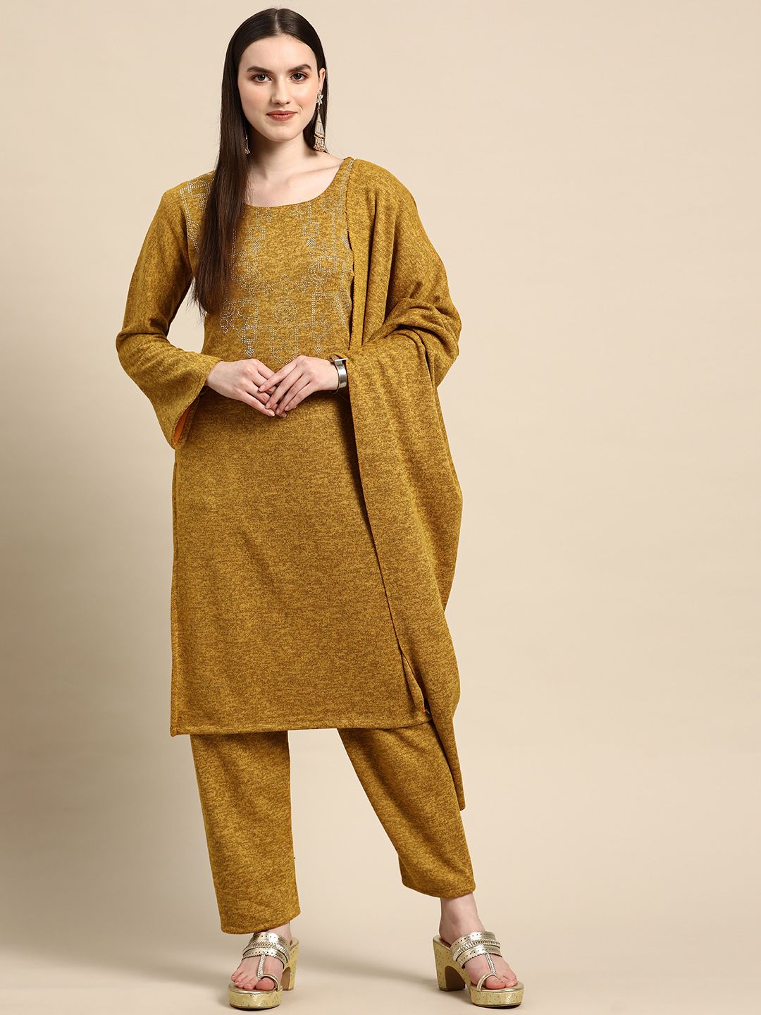 Saadgi Women Mustard Beads & Stones Velvet Woollen Kurta with Trousers & With Dupatta Price in India